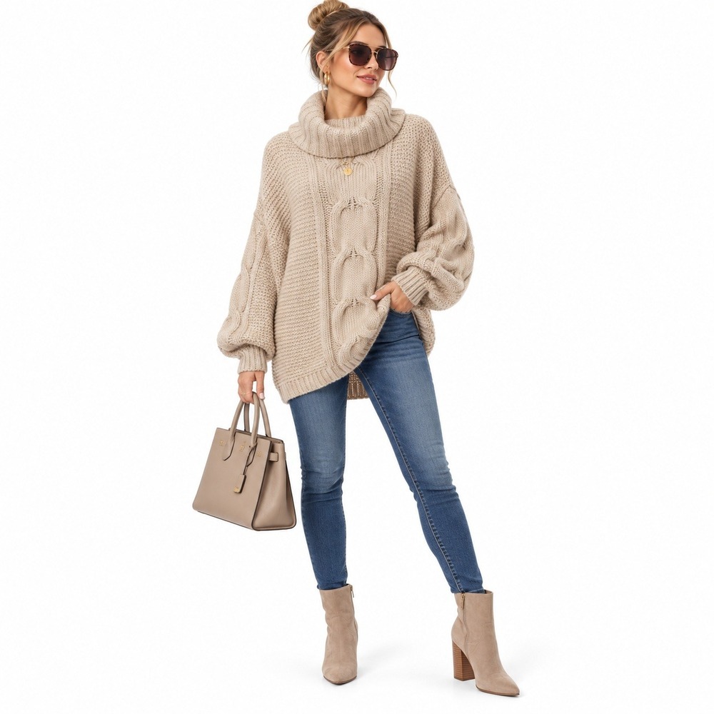 Seven7 Sweater Womens XL Beige Cowl Neck Cable Knit Chenille Oversized Chunky